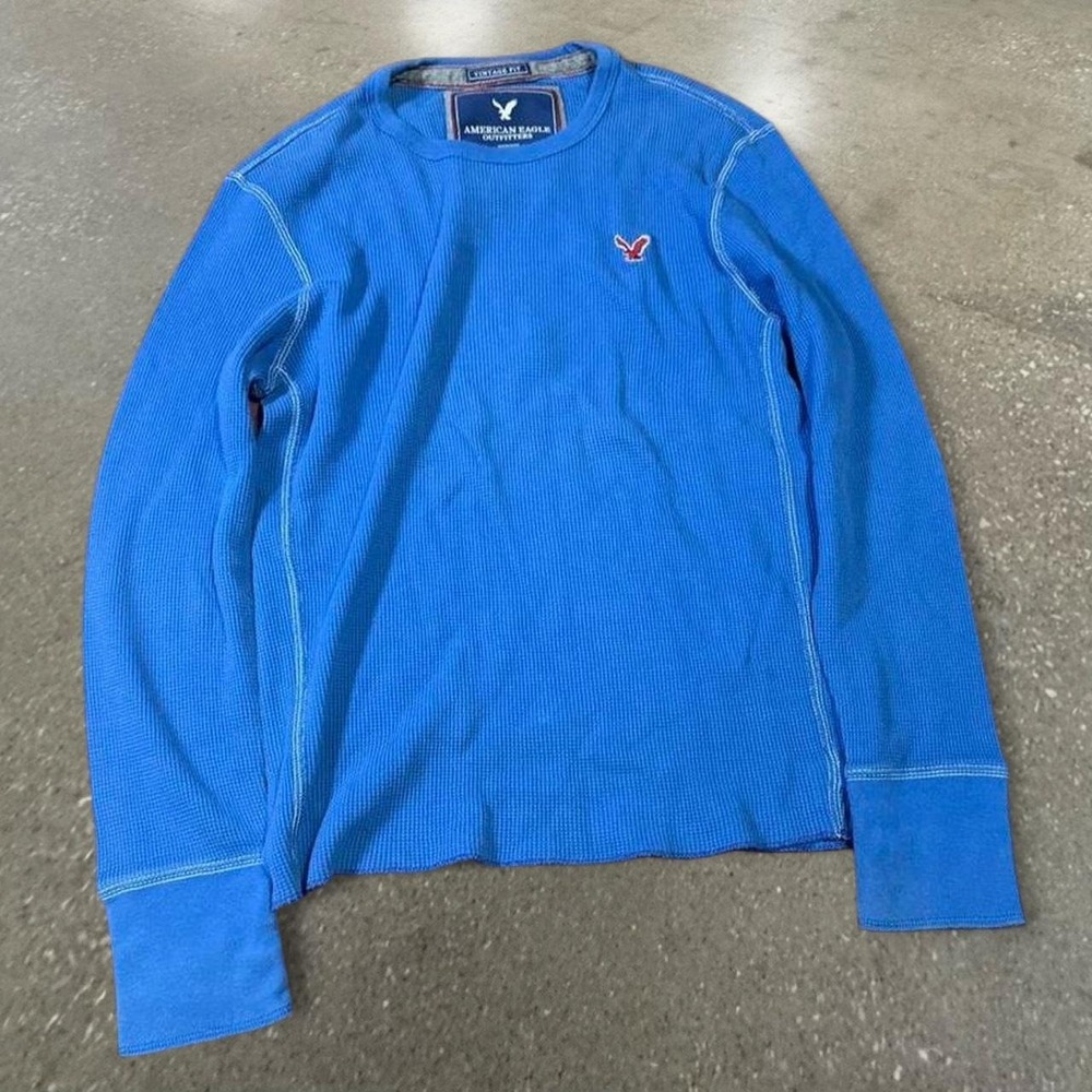 American Eagle Outfitters Blue Thermal Long Sleeve Shirt Mens Small Y2K Vintage